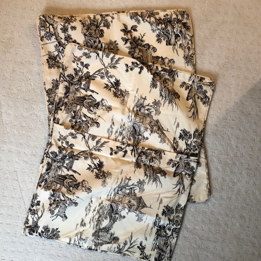 Toile Queen duvet cover, shams, tie up valance.